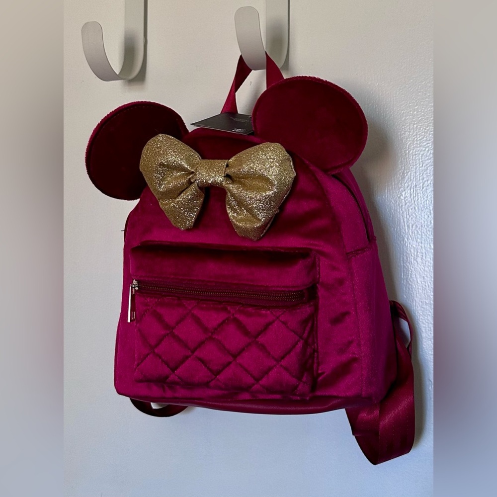 NWT Disney Minnie Mouse Bioworld Velvet Backpack with Gold Glitter
